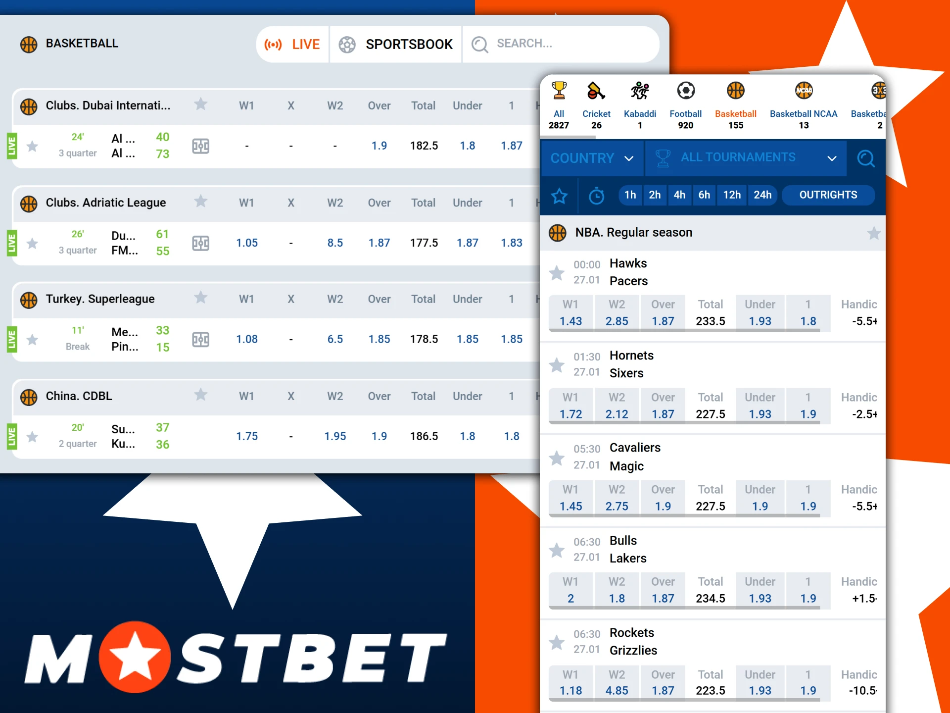 Bet on professional basketball leagues around the world at Mostbet India.