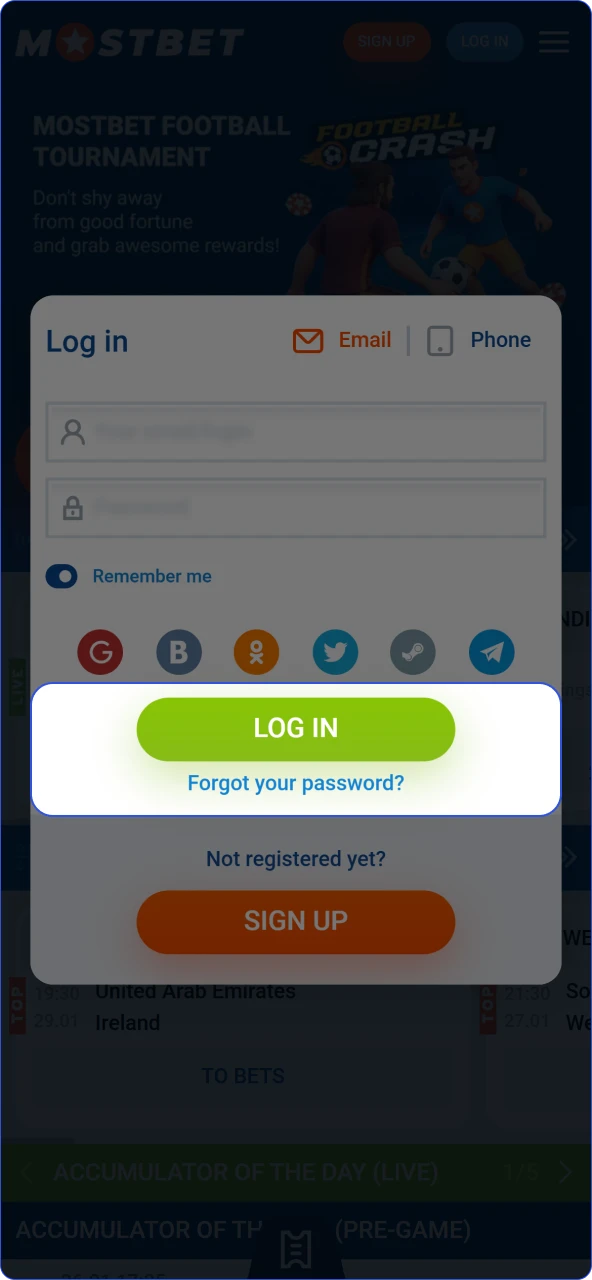 Confirm your login details to enter the Mostbet India betting dashboard.