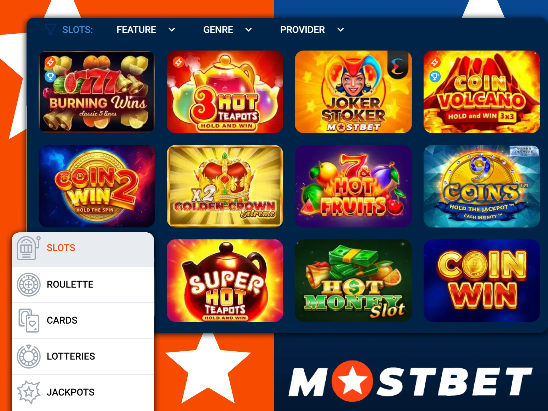 Spin the reels of various casino slots available on Mostbet India.