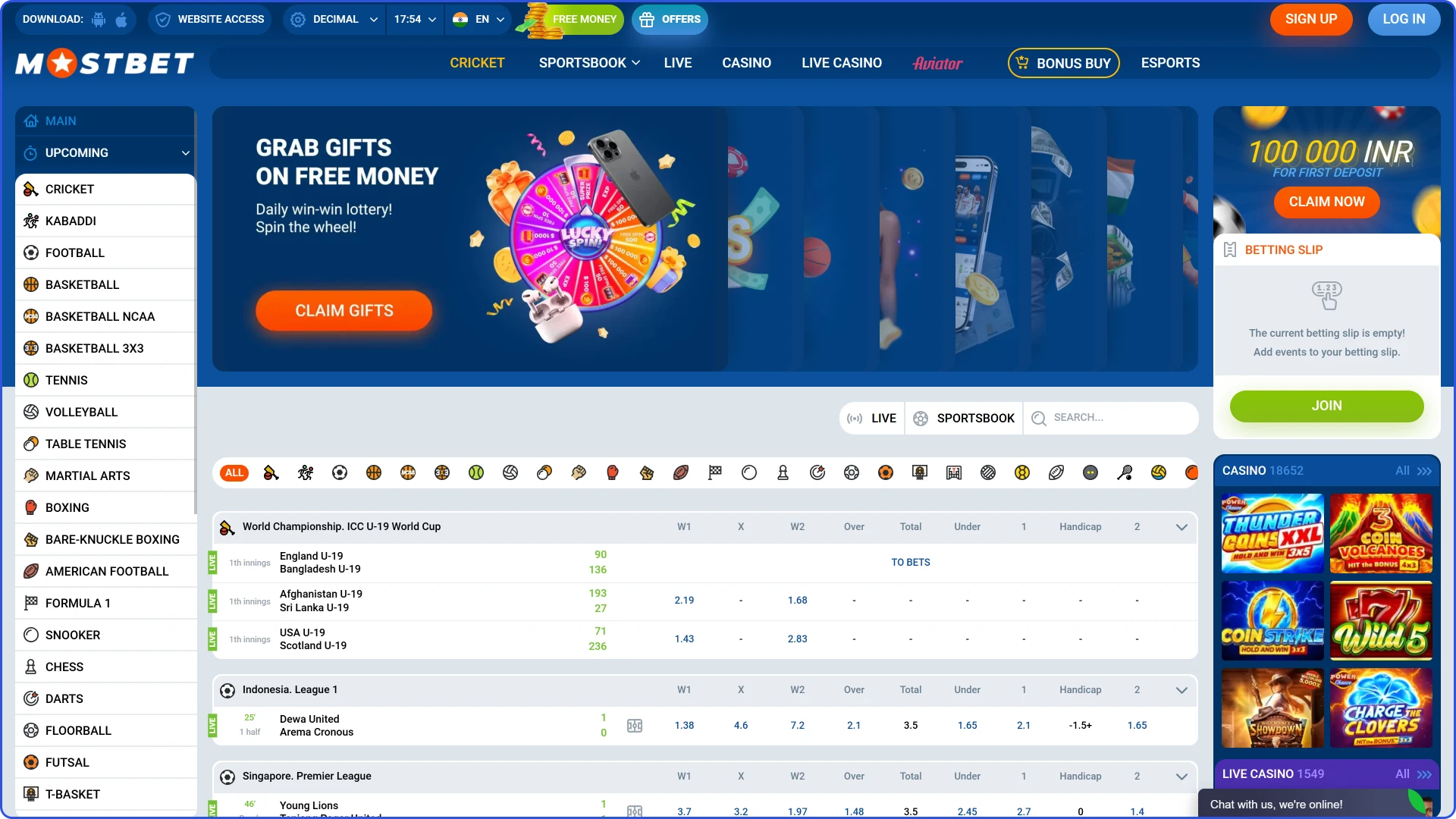 View the Mostbet India official website interface featuring live matches and top events.